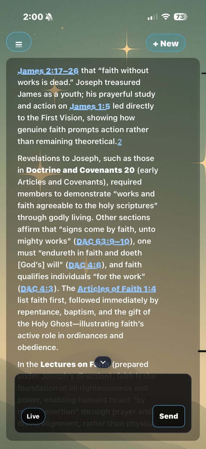 Scripture references inline — James, D&C, Articles of Faith